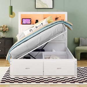 English Elm Wood Full Size Hydraulic Platform Bed with LED Headboard, Charging Station, Hidden Storage Drawers and Shelves White GX000371AAK