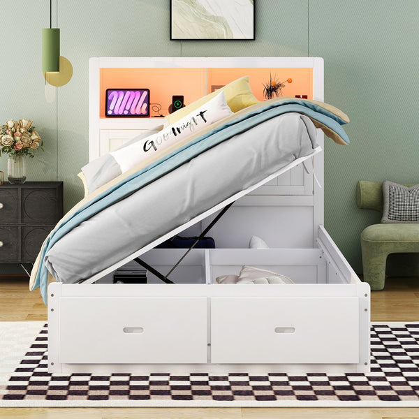 English Elm Wood Full Size Hydraulic Platform Bed with LED Headboard, Charging Station, Hidden Storage Drawers and Shelves White GX000371AAK