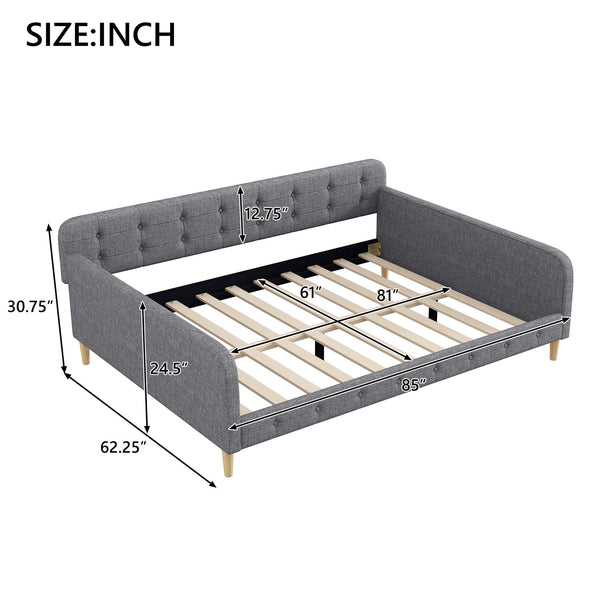 English Elm Queen Upholstered Daybed with Tufted High Sideboard, Linen Finish, Solid Wood Frame, 800lb Capacity Gray N7500001850E