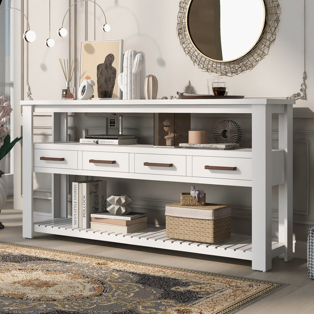 English Elm U_style Wide Painted Console Table Four Drawers Open Shelves Foyer Living Room White N711P410406K