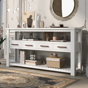 English Elm U_style Wide Painted Console Table Four Drawers Open Shelves Foyer Living Room White N711P410406K