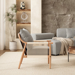 English Elm Braid Armchair Mid Century Modern Linen Wood Accent Chair with Ergonomic Support and Plush Cushioning Grey T3623P409105