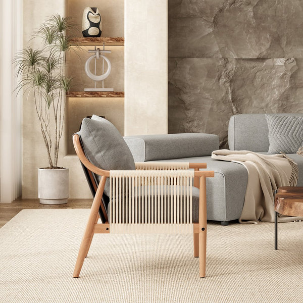 English Elm Braid Armchair Mid Century Modern Linen Wood Accent Chair with Ergonomic Support and Plush Cushioning Grey T3623P409105