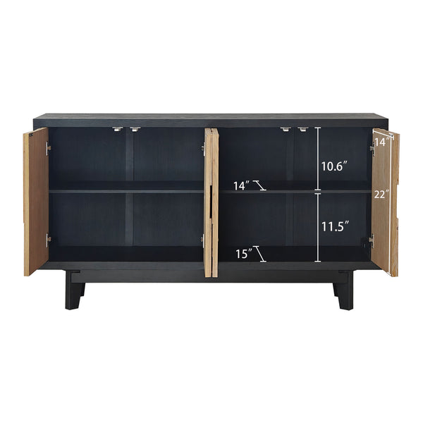 English Elm Modern Wooden 4-Door Cabinet with Textured Geometric Front, Ample Shelves, Sturdy Dark Frame (64.17"L) W2729P198997