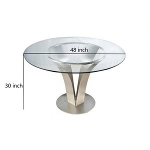English Elm Cleo Square Tempered Glass Dining Table with Sculptural Brushed Steel Base Seats Four B2736S00034
