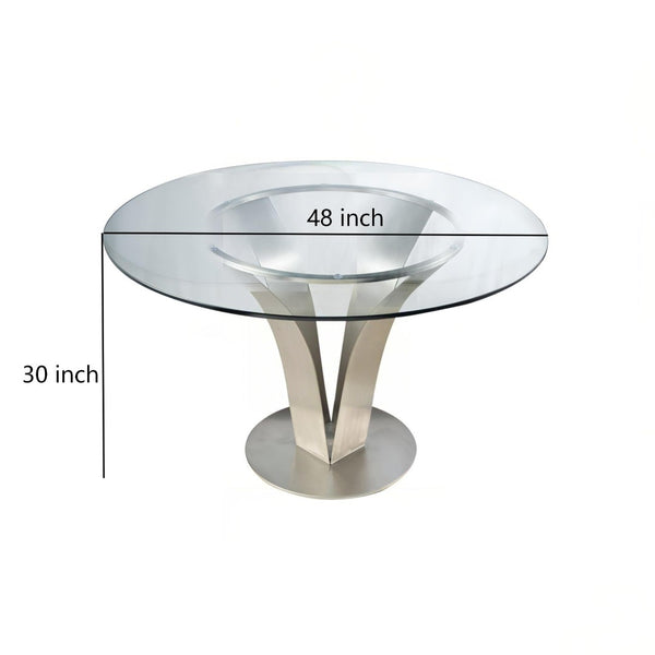 English Elm Cleo Square Tempered Glass Dining Table with Sculptural Brushed Steel Base Seats Four B2736S00034