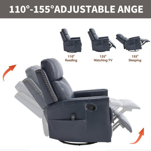 English Elm Blue Genuine Leather Rocker Swivel Recliner with Massage Heat for Living Room W1803P323714