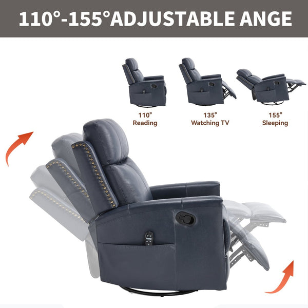 English Elm Blue Genuine Leather Rocker Swivel Recliner with Massage Heat for Living Room W1803P323714