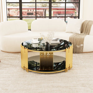 English Elm Modern stainless steel circular coffee table with black tempered glass top, gold frame, anti-slip pads, easy-clean elegance W1727P206859