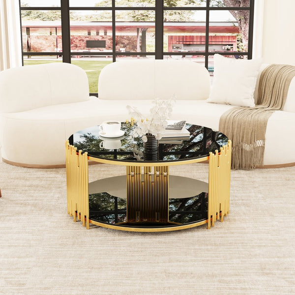 English Elm Modern stainless steel circular coffee table with black tempered glass top, gold frame, anti-slip pads, easy-clean elegance W1727P206859