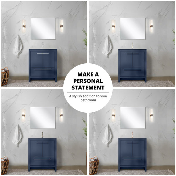 English Elm Navy Blue Bath Vanity Set With White Quartz Top, Brushed Nickel Faucet & 28" Mirror For Stylish Spaces B2731S02044