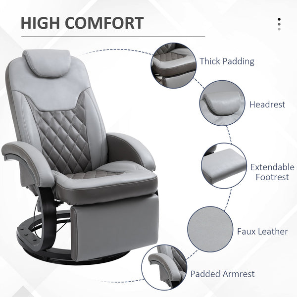 English Elm HOMCOM Grey PU Recliner Armchair with Footrest, 360° Swivel, 135° Tilt, Diamond Stitch, 352lb Capacity W2225P173866