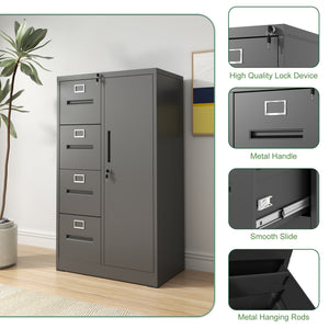 English Elm Metal Storage Vertical Filing Cabinet with 4 Drawers and Side Wardrobe, Steel Ball-Bearing Suspension, Secure Locking Organizer for Home Office and Bedroom Black T2398P272100