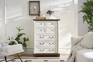 English Elm 7 Drawer Rustic Dresser Chest in Walnut with Wood Base, 7 Smooth-Glide Drawers & Antique Pulls W2393P252365