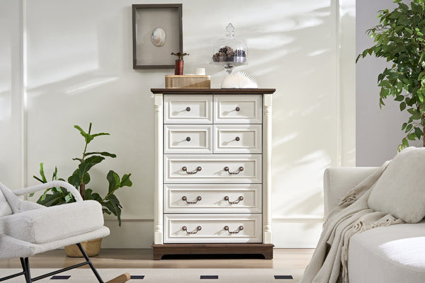 English Elm 7 Drawer Rustic Dresser Chest in Walnut with Wood Base, 7 Smooth-Glide Drawers & Antique Pulls W2393P252365