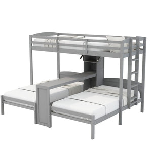English Elm Twin Triple Bunk Bed with Built in Desk Open Shelving and Led Task Lighting Gray N7090002243E