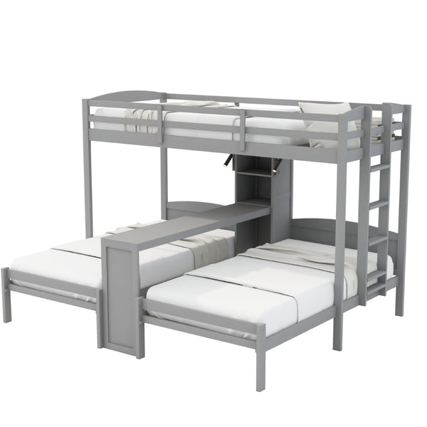 English Elm Twin Triple Bunk Bed with Built in Desk Open Shelving and Led Task Lighting Gray N7090002243E