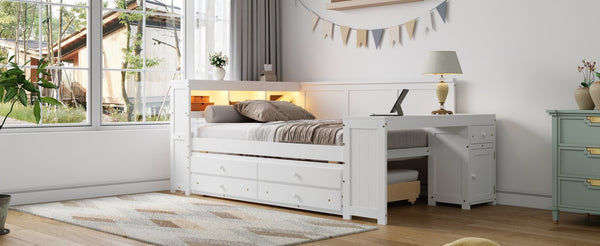 English Elm Full Size Pine Wood Platform Daybed with Led Headboard Desk Storage and Charging White N7090000475K-1