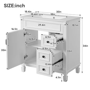 English Elm 30" French-Inspired Bathroom Vanity With Ceramic Sink, 2 Soft-Close Drawers & Adjustable Shelf Storage N710P323323K