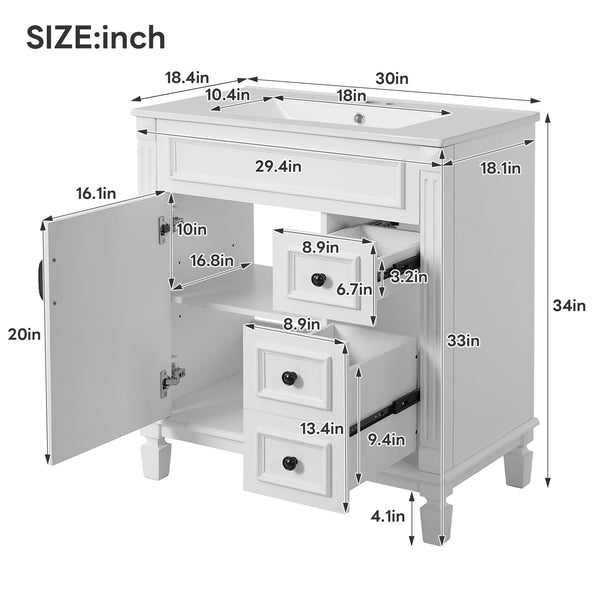 English Elm 30" French-Inspired Bathroom Vanity With Ceramic Sink, 2 Soft-Close Drawers & Adjustable Shelf Storage N710P323323K