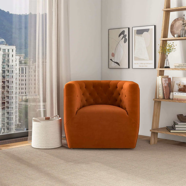 English Elm Ashcroft Furniture - Delaney Tufted Velvet Swivel Chair with Solid Wood Legs, Ergonomic Angled Back and Foam Support Orange B183P281226