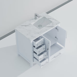 English Elm White 36 in. Bath Vanity with Carrara Marble Right-Offset Top, Soft-Close Drawers & Chrome Faucet Set B2731P259018