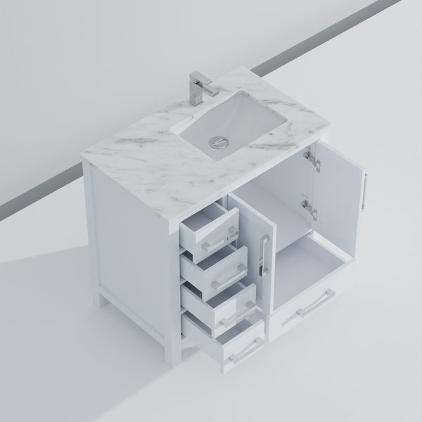 English Elm White 36 in. Bath Vanity with Carrara Marble Right-Offset Top, Soft-Close Drawers & Chrome Faucet Set B2731P259018