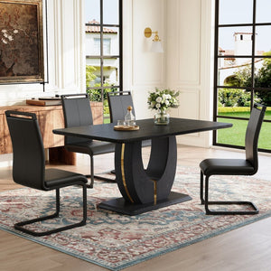English Elm Black Wood Grain Mdf Dining Set Seats 4 with Pu Leather Arched Leg Chairs W1151S04439