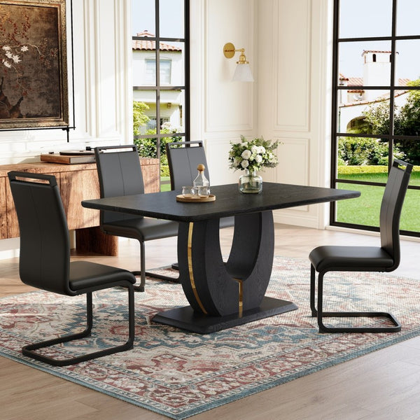 English Elm Black Wood Grain Mdf Dining Set Seats 4 with Pu Leather Arched Leg Chairs W1151S04439