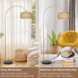 English Elm Gold Boho Floor Lamp with Remote Dimmable LED, Dual Rattan & Fabric Shades, Adjustable Arc Light Brown+Black W2738P185418