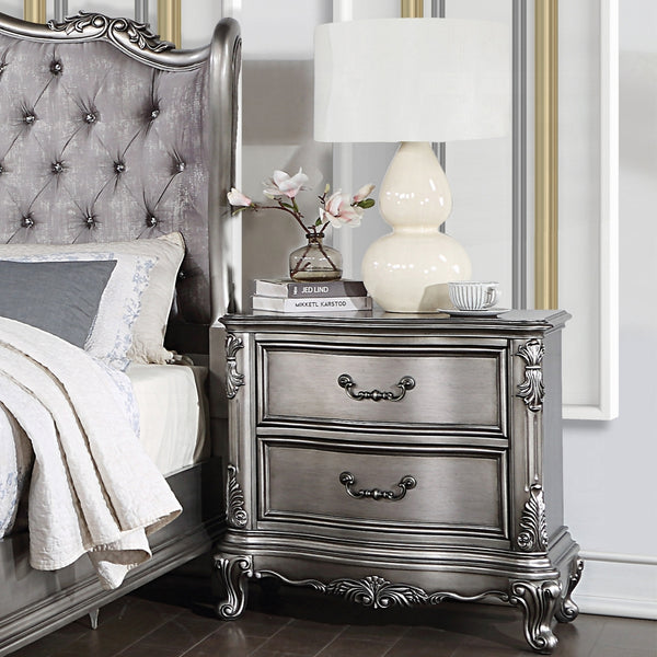 English Elm Wooden Two-Drawer Nightstand with Grooved Panels and Washed Finish — Transitional Bedroom Focal Point Antique Silver B016P256539