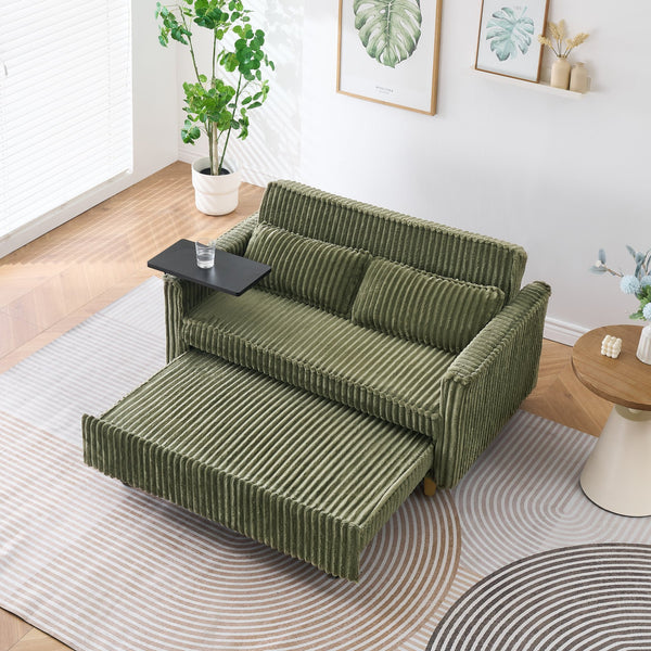 English Elm The pull-out green corduroy sofa with USB ports, movable tabletop and roll-out bed for living rooms W3371P302294