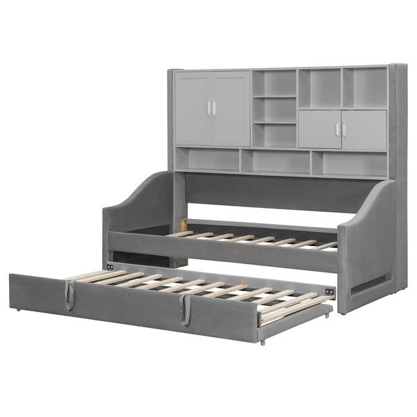 English Elm Twin Upholstered Daybed with LED Armrest Lighting, Hidden Storage Shelves & Lift-Up Pull-Out Trundle Gray SF000198AAE