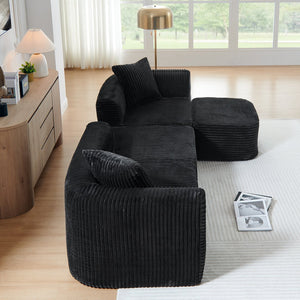 English Elm 114" Cloud Sectional Couch with L-Shape Chaise Modular Corduroy Sofa with Movable Ottoman, No Assembly Required, Plush Comfort for Living Spaces Black W1117P371650