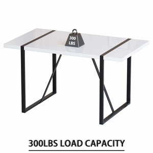English Elm 55 Inch Industrial Dining Set White Mdf Table Matte Black Legs Four Padded Pu Chairs Beige+Grey,White W2189S00852