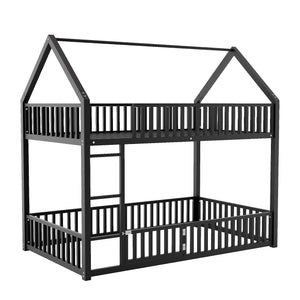 English Elm Metal Twin over Twin House Bunk Bed with Playful Roof, Sturdy Metal Frame, Quiet Support for Kids Black N709P214091B