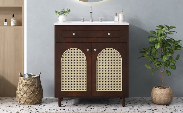 English Elm 30" Rattan Front Bathroom Vanity Solid Pine Cabinet with Ceramic Sink and Adjustable Shelf Walnut N710P293988P