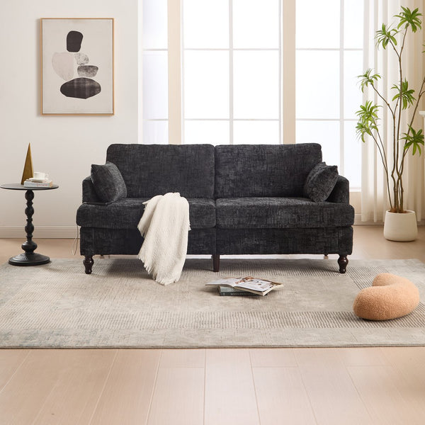 English Elm Modern chenille 2-seater sofa with LED lighting, USB charging, storage pocket, sturdy wood legs Black W395P318548