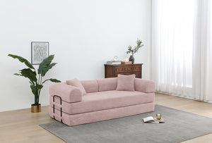 English Elm Convertible Sleeper Sofa Bed Pink Corduroy 3-Seat Foldable Couch with Cylindrical Pillow, Non-Slip Flexible Design W3199P311308
