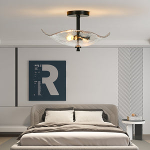 English Elm Ceiling Modern Flush Mount Light with Water Ripple Glass Shade, Black Semi-Flush LED Fixture for Hallway Bedroom Porch W2312P390005