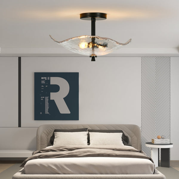 English Elm Ceiling Modern Flush Mount Light with Water Ripple Glass Shade, Black Semi-Flush LED Fixture for Hallway Bedroom Porch W2312P390005