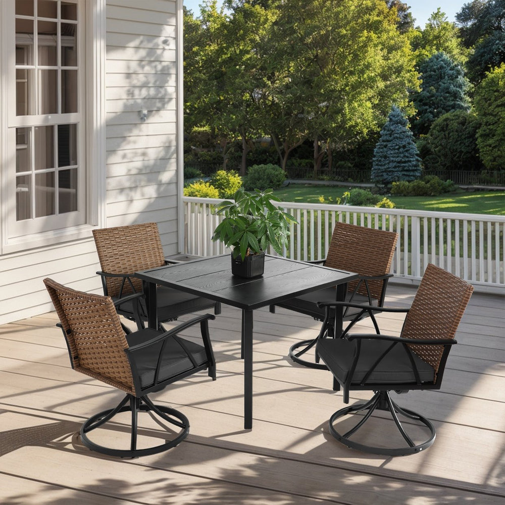 English Elm 5 Patio Dining Set for 4 with 4 Swivel Rocker Chairs, Weather-Resistant Wicker, Steel Table, Washable Cushions W640S00042