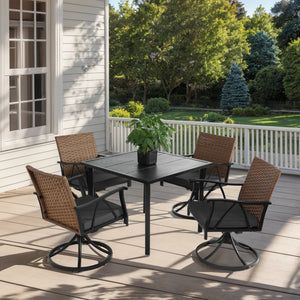 English Elm 5 Patio Dining Set for 4 with 4 Swivel Rocker Chairs, Weather-Resistant Wicker, Steel Table, Washable Cushions W640S00042