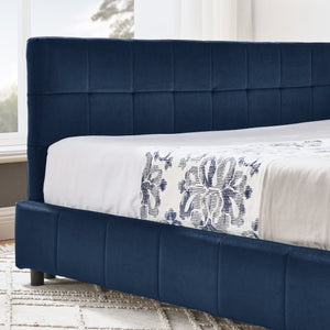 English Elm Full Upholstery Bed Frame with Tufted Velvet Sofa-Style Backrest and Armrests, Sturdy 500lb Capacity Dark Blue W487S00293
