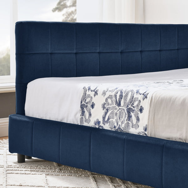 English Elm Full Upholstery Bed Frame with Tufted Velvet Sofa-Style Backrest and Armrests, Sturdy 500lb Capacity Dark Blue W487S00293