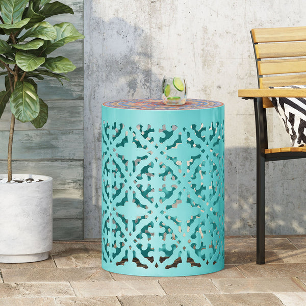 English Elm Christopher Knight Home® - CASTANA Side Table with Lace Cut Metal Frame and Tile Mosaic Top – Durable Powder-Coated Outdoor Accent Teal 70509.00T