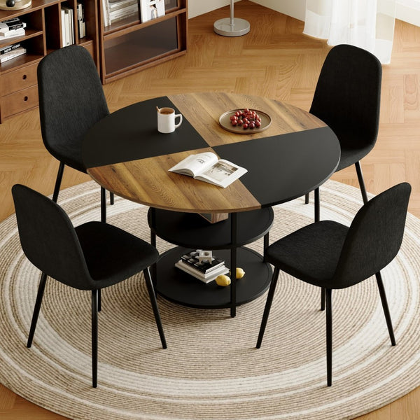 English Elm Table and Chair Set 47 Inch Round Mdf Spliced Top with Dual Tier Storage 4 Seats Black,Wood W1151S03334