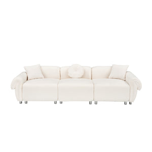 English Elm 112 Plush Teddy Velvet Sofa 112" x 38.2" x 28.3" with Metal White Legs, 3-Person Seating, 3 Pillows, 500lb Capacity Beige W1278S00050