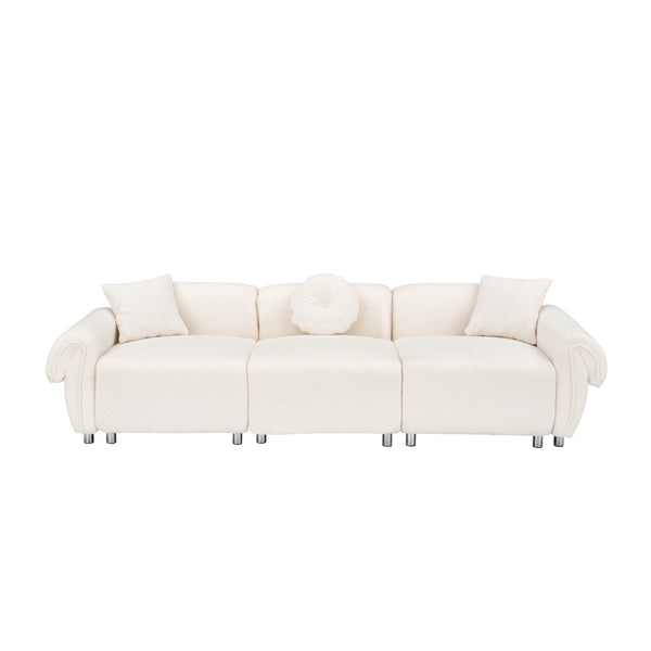 English Elm 112 Plush Teddy Velvet Sofa 112" x 38.2" x 28.3" with Metal White Legs, 3-Person Seating, 3 Pillows, 500lb Capacity Beige W1278S00050