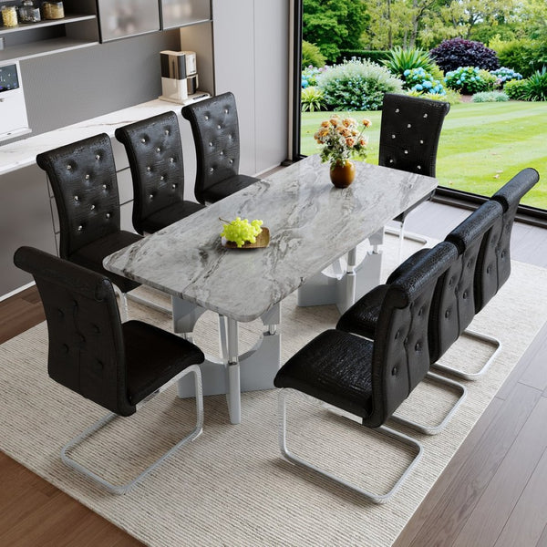 English Elm Modern 9 Piece Glam Dining Set Faux Marble Table Tufted Pvc Chairs Seats Eight Black,Grey W3875S00061